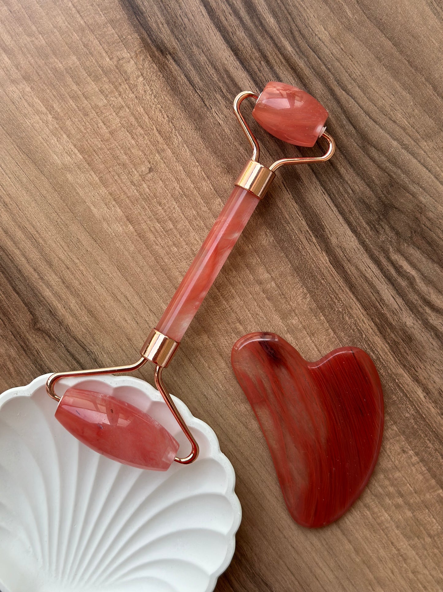 Gül Kuvars Doğal Taş Gua Sha & Roller Seti .